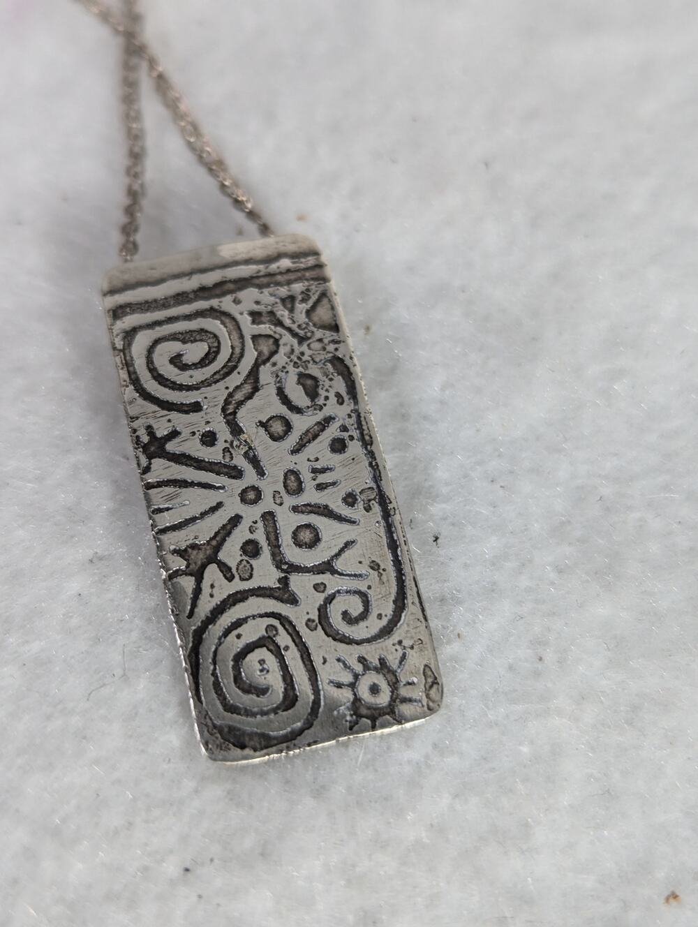 Sterling Silver etched Pendant13/8'x 5/8"Oxidized rustic Tube bail 18" SP chain